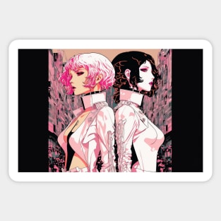 Together in the Street - Cyberpunk Illustrated Portrait Two Women Posing Back to Back in Front of a Bustling Cityscape Sticker